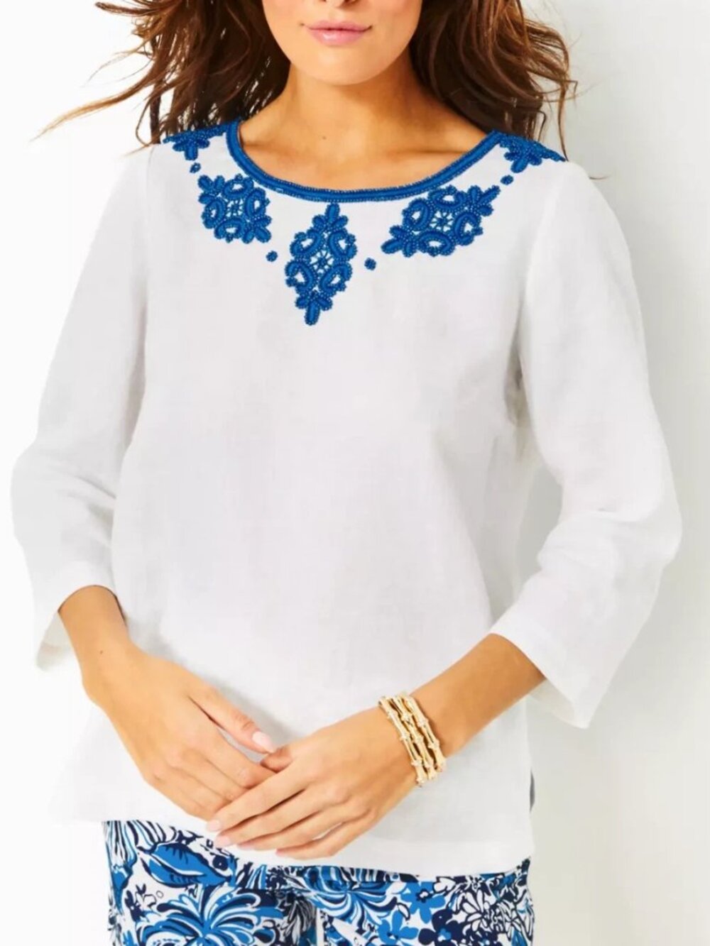 Lilly Pulitzer Elyn Beaded Linen Top | Resort White | 3/4 Sleeve | Sz 6 | NWT